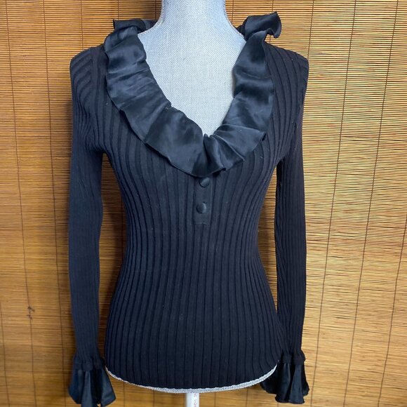 INC International Concepts Sweaters - Vintage INC Black 100% Silk Ruffled Sweater Size XL EUC
